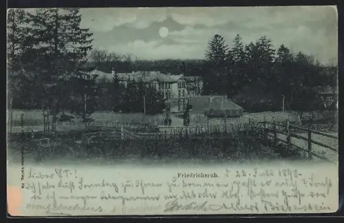 Mondschein-AK Friedrichsruh, Ansicht des Ortes mit Gebäuden und Parkanlage