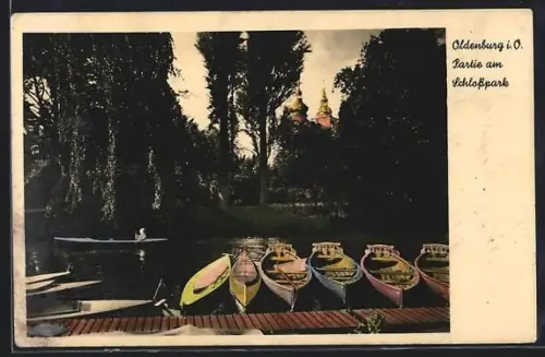 AK Oldenburg i. O., Partie am Schlosspark, Boote, Schloss im Hintergrund