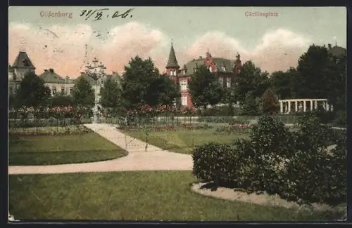 AK Oldenburg, Cecilienplatz, Parkanlage, Pavillon, Wohnhäuser