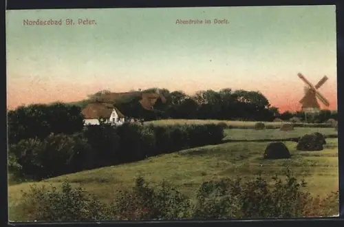 AK St. Peter, Abendruhe im Dorfe, Windmühle