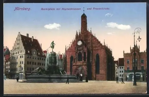 AK Nürnberg, Marktplatz mit Neptunbrunnen, Frauenkirche