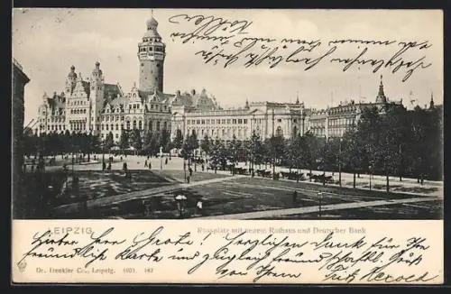AK Leipzig, Rossplatz mit neuem Rathaus und Deutscher Bank