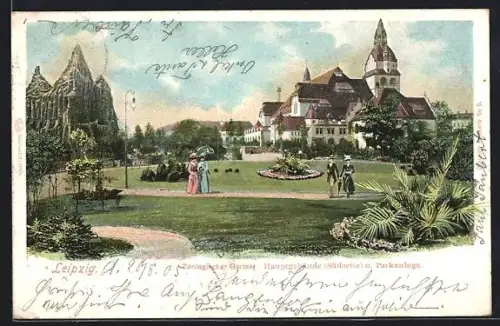 AK Leipzig, Zoologischer Garten, Hauptgebäude mit Parkanlage