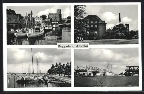 AK Kappeln a. d. Schlei, Partie im Hafen, Flusspartie mit Brücke