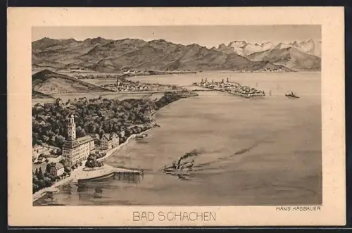 Künstler-AK Bad Schachen, Ortsansicht mit Dampfschiff