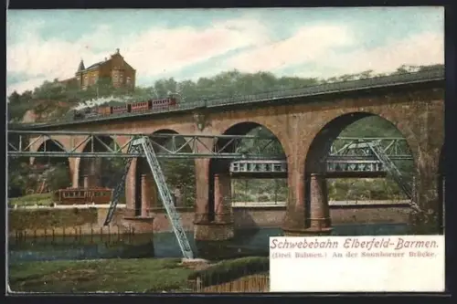 AK Elberfeld-Barmen, Schwebebahn, Sonnborner Brücke, drei Bahnen