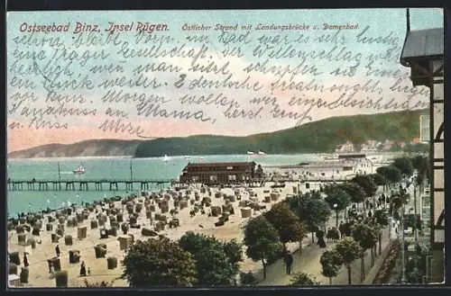 AK Binz /Rügen, Östlicher Strand, Landungsbrücke, Damenbad