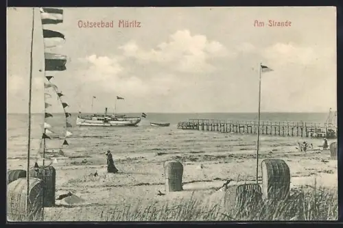 AK Müritz, Am Strande, Strandkörbe, Seebrücke, Dampfer