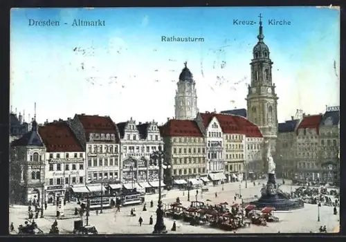 AK Dresden, Altmarkt, Rathausturm, Kreuzkirche