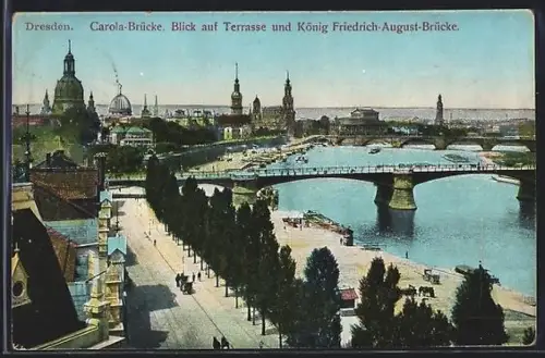 AK Dresden, Carola-Brücke, Terrasse, König Friedrich-August-Brücke