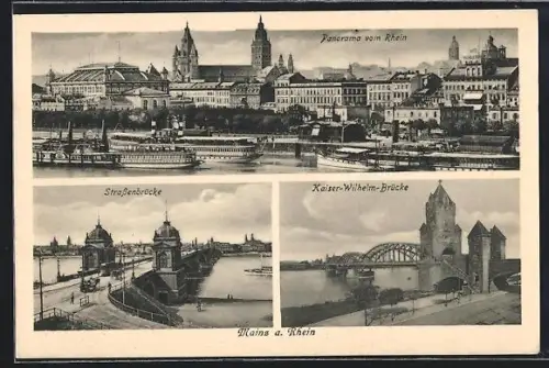 AK Mainz a. Rhein, Panorama vom Rhein, Strassenbrücke, Kaiser-Wilhelm-Brücke