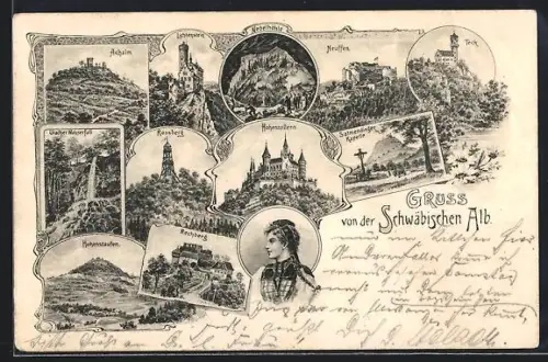 Lithographie Rechberg /Schwäbische Alb, Hohenzollern, Teck, Neuffen, Rossberg
