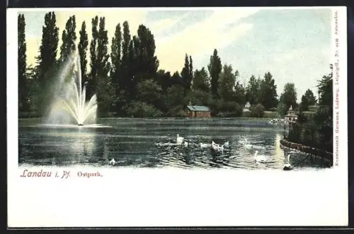 AK Landau i. Pf., Ostpark, Springbrunnen im Teich