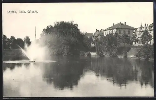 AK Landau /Pfalz, Ostpark, Teich mit Springbrunnen