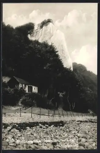 AK Stubbenkammer, Strand mit Fischerhütte und Königsstuhl