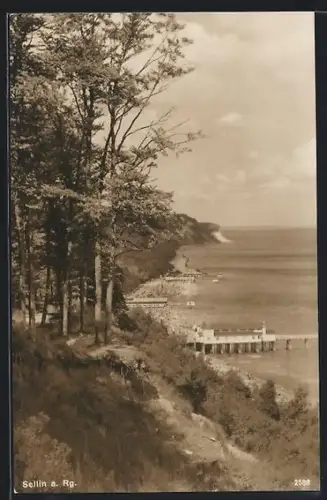 AK Sellin a. Rg., Strand mit Seesteg