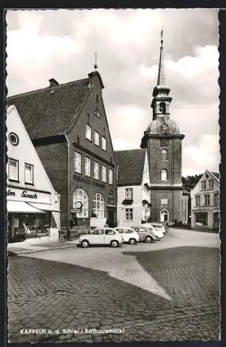 AK Kappeln a. d. Schlei, Rathausmarkt mit Geschäft Gosch, Schleibank u. Turm