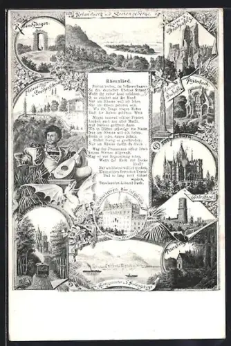 AK Königswinter, Hotel auf dem Petersberg, Drachenburg, Rolandsbogen und Heisterbach, Rheinlied