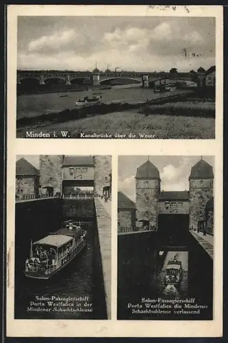 AK Minden i. W., Kanalbrücke über die Weser, Mindener Schachtschleuse, Salon-Passagierschiff Porta Westfalica