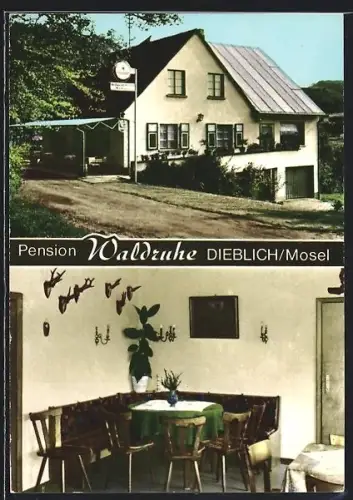 AK Dieblich /Mosel, Pension Waldruhe, Aussenansicht und Gastraum