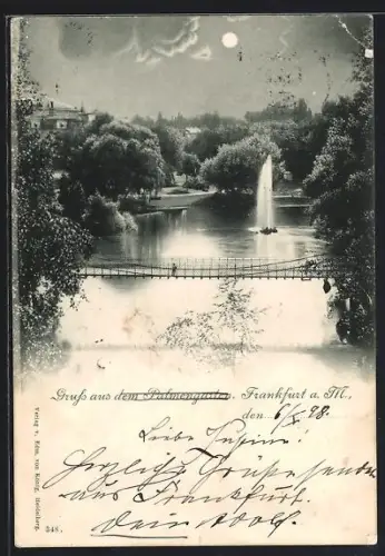 AK Frankfurt-Westend, Palmengarten, Teich mit Fontäne und Brücke