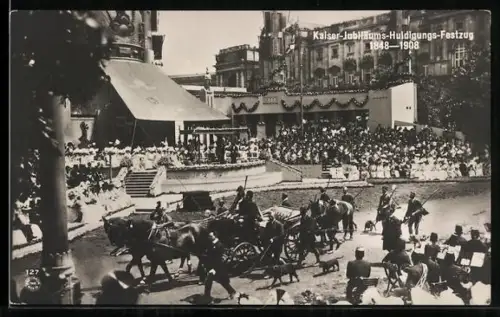 AK Wien, Kaiser-Jubiläums-Huldigungs-Festzug 1908, Pferdekutsche mit Hunden