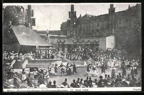 AK Wien, Kaiser-Jubiläums-Huldigungs-Festzug 1908, Trachtengruppen beim Tanz