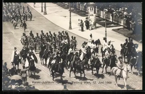 AK Wien, Kaiser-Jubiläum Huldigungs-Festzug 1908, Reiter. Litfasssäule