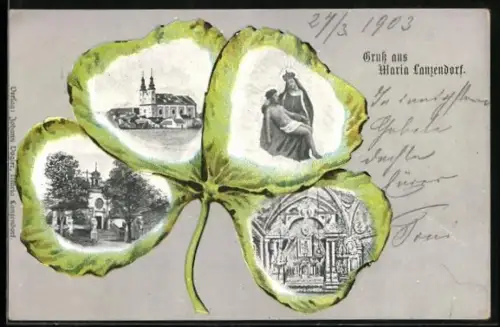 AK Maria Lanzendorf, Vier Ansichten: Kirche, Marienstatue, Kirchportal, Altar im Kleeblatt-Passepartout