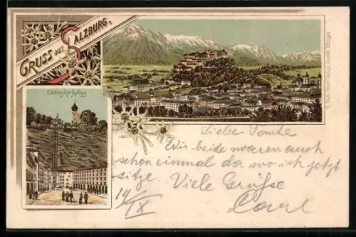 Lithographie Salzburg, Stadtansicht mit Festung Hohensalzburg und Gebirgspanorama