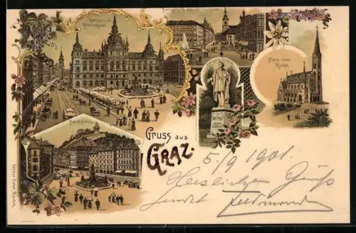 Lithographie Graz, Verschiedene Ortsansichten mit Denkmal und Kirche