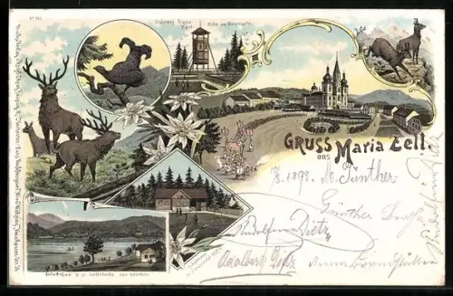 Lithographie Maria Zell, Basilika und Bergpanorama und Prozession