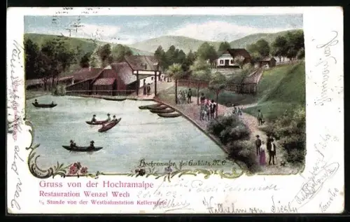 AK Gablitz, Hochramalpe mit Restaurant Wenzel Wech, Ufer mit Ruderbooten