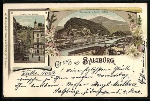 Lithographie Salzburg, Panorama mit Salzach, Festung, elektrischer Aufzug
