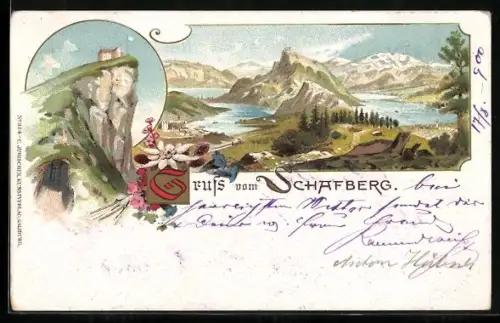 Lithographie Schafberg, Panorama mit See und Berglandschaft