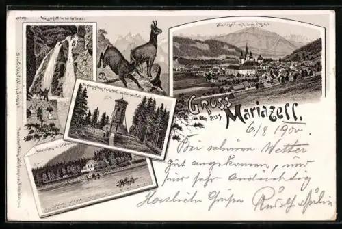 Lithographie Mariazell, Panorama mit Basilika, Wasserfall, Aussichtsturm