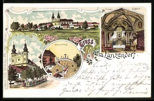 Lithographie Maria Lanzendorf, Kirche, Kalvarienberg, Kapelle