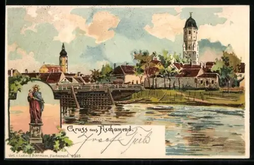 Lithographie Fischamend, Ortsansicht mit Schleuse und Kirchtürmen