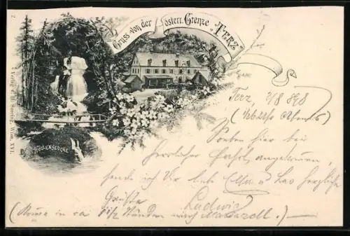 AK Terz /Steiermark, Gasthof zur Steierischen Grenze mit Wasserfall