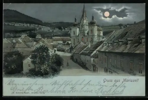 Mondschein-AK Mariazell, Basilika und Ortsansicht bei Nacht