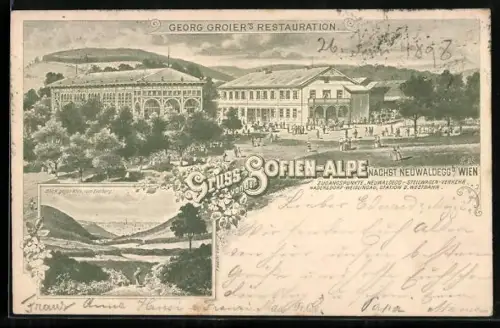 Lithographie Wien, Sofien-Alpe nächst Neuwaldegg Wien, Georg Groiers Restaurant