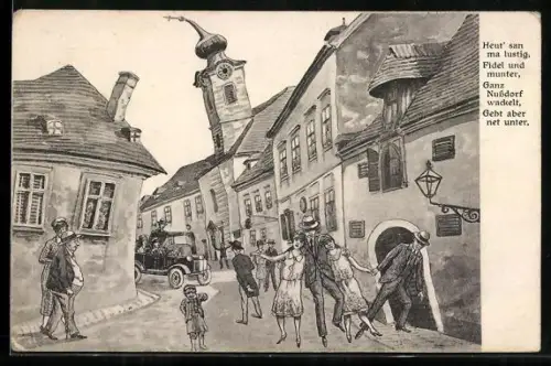 AK Nussdorf, Dorfstrasse mit Heurigen und Kirche