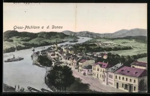 AK Gross-Pöchlarn a d. Donau, Panorama mit Uferstrasse und Dampfschiff