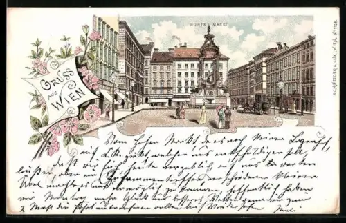 Lithographie Wien, Hoher Markt, Platzansicht mit Säule
