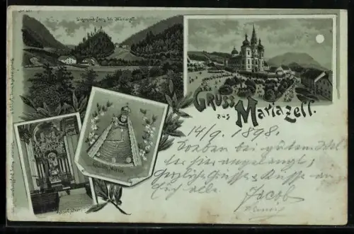 Mondschein-Lithographie Mariazell, Mehrbild mit Basilika, Gnadenaltar, Marienstatue