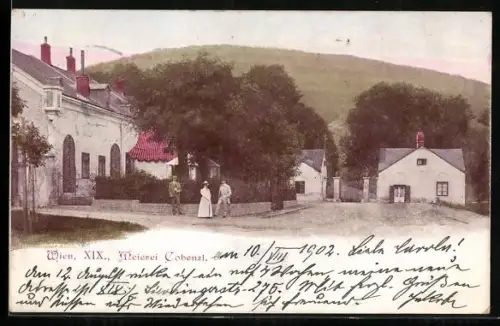 AK Wien, Meierei Cobenzl, Strassenansicht mit Personen