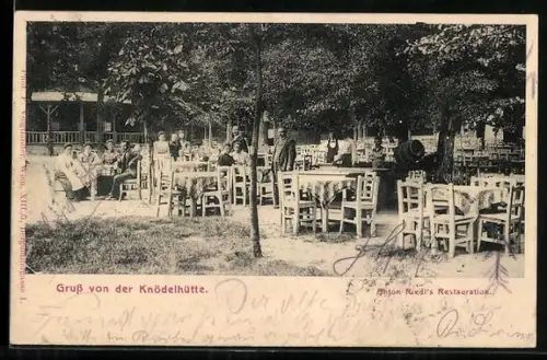 AK Wien, Knödelhütte, Anton Riedls Restaurant, Gastgarten mit Tischen