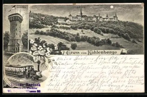 Lithographie Kahlenberg, Panorama mit Hotel, Aussichtsturm und Bahn