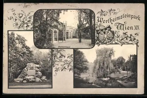 AK Wien, Wertheimsteinpark, Palmenhaus, Parkteich, Felsen mit Gedenktafel