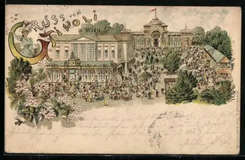 Lithographie Wien, Tivoli Vergnügungspark mit Hauptgebäude und Menschenmenge